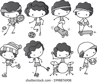 Vector illustration cartoon boy playing musical instruments, pulley, tennis, basketball, football, skating, scooter series	