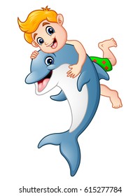 Vector illustration of Cartoon boy playing with dolphin