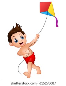 Vector illustration of Cartoon boy playing kite