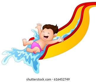 Vector illustration of Cartoon boy playing waterslide