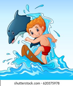 Vector illustration of Cartoon boy playing surfboard with a dolphin animal