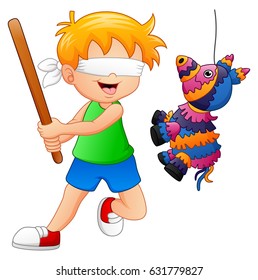 Vector illustration of Cartoon boy playing a pinata
