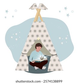 Vector illustration cartoon of a boy reading book in the teepee tent.