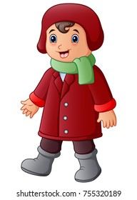 Vector illustration of Cartoon boy in red winter clothes with green scarf