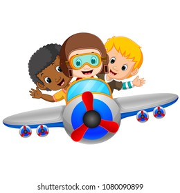 vector illustration of cartoon boy riding flying plane