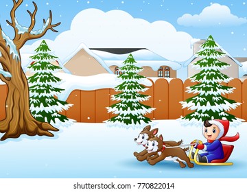 Vector illustration of Cartoon boy riding sled on the snowing village pulled by two dogs
