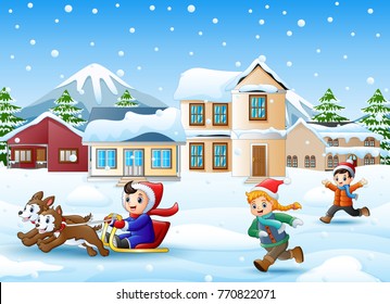 Vector Illustration Of Cartoon Boy Riding Sled On The Snowing Village With Running Kids