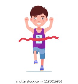 Vector illustration of a cartoon boy running and winning a marathon. Isolated white background. Kid runner winner. The child finishes the first race. Flat style.