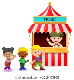 vector illustration of Cartoon boy selling ticket at the booth