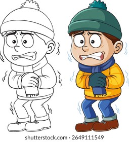 A vector illustration of a cartoon boy shivering in winter attire, showcasing both colored and outline versions