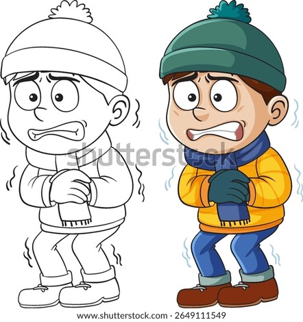 A vector illustration of a cartoon boy shivering in winter attire, showcasing both colored and outline versions