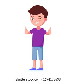 Vector illustration of cartoon boy showing thumbs up. Isolated white background. Kid holds his finger up. Child winks and gestures success. Flat style.