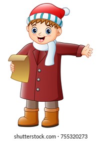 Vector illustration of Cartoon boy singing christmas carols