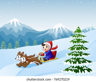 Vector illustration of Cartoon boy sledding down on the snow pulled by two dogs