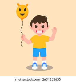 Ilustración vectorial de un niño de dibujos animados sonriendo y sosteniendo un globo adecuado para contenido infantil