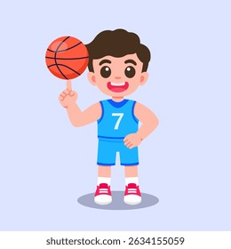 Vector illustration of a cartoon boy spinning a basketball and smiling. Fun and sporty character suitable for kids content