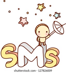 A vector illustration of cartoon boy standing on word sms