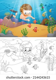 Vector illustration of cartoon boy swimming underwater with marine animals. Coloring book or page