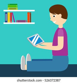 Vector illustration of cartoon boy with tablet in his hands.Boy prefer using tablet over reading books

