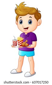 Vector illustration of Cartoon boy with a tray of fast food