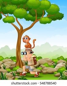 Vector illustration of Cartoon boy using binoculars with a monkey over her head in the forest