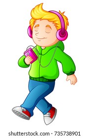 Vector illustration of Cartoon boy walking and listening music player