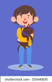 Vector illustration of a cartoon boy wearing school uniform and a backpack, holding his brown dog.