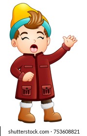 Vector illustration of Cartoon boy in winter clothes singing