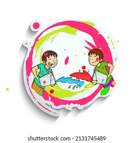 Vector Illustration Of Cartoon Boys Playing Holi Together On Paper Cut Brush Stroke And Splash Effect Background.