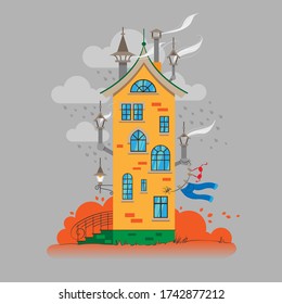 Vector illustration of a cartoon brick house with a green roof on a background of yellow grass and autumn sky with clouds