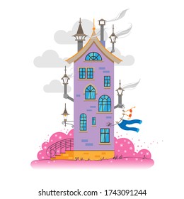 Dibujo vectorial de una casa de ladrillos de dibujos animados con un techo amarillo sobre un fondo de hierba rosa y cielo con nubes