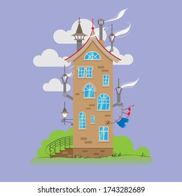 Vector Illustration eines Ziegelsteingebäudes mit rotem Dach auf grünem Gras und Sommerhimmel mit Wolken