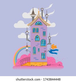 Dibujo vectorial de una casa de ladrillos de dibujos animados con un techo amarillo sobre un fondo de hierba rosa y cielo con nubes