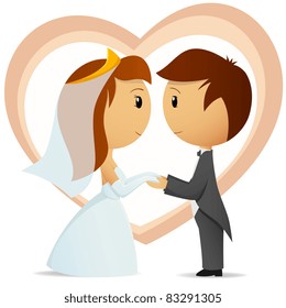 Vector illustration. Cartoon bride and groom hold hand each other on heart shape background