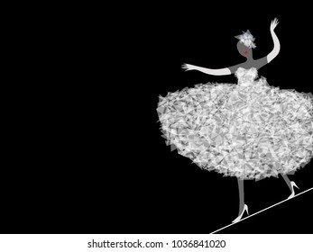 Vector illustration of a cartoon bride in a white long dress goes on a tightrope with his hands up in gloves and heels from a geometric, abstract, transparent triangles pattern on a black background 