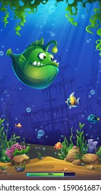 Vector illustration cartoon bright underwater loading screen to the computer game. For design websites and mobile phones, printing.