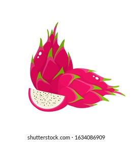 Vector illustration of cartoon bright whole and cut dragon fruits isolated on white. Exotic fruits used for magazine, poster, card, menu cover and web pages.