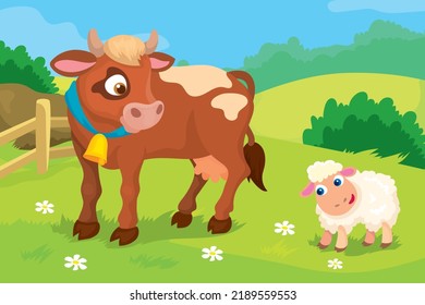 Vector illustration of cartoon brown cow with little lamb in the meadow