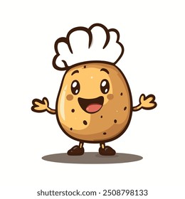 vector illustration of a cartoon brown potato wearing a chef's hat with arms and legs