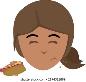 Vector illustration of a cartoon brunette woman face eating a hot dog