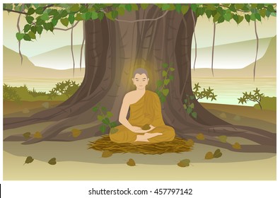 Vector Illustration and Cartoon: Buddha Sitting on hay attained enlightenment under the Bodhi tree in Landscape era old Bodh Gaya India. Present is the day Visakha Puja is Important day .
