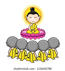 Vector illustration of cartoon. The Buddha taught the sermon or the principle of enlightenment for the first five disciples of the Buddha on Asanha Bucha Day.  Isolated background.