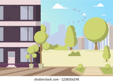 Vector Illustration Cartoon Building in Park Area. Image part a new House Located with Park area. Park with Trees around Building. House on Background Trees and Panorama Metropolis