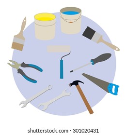 Vector illustration of cartoon building tools. Illustration of pliers, roller, paint brush, screwdriver, saw, hammer, wrench, bucket. Building tools isolated. Vector building tools set.