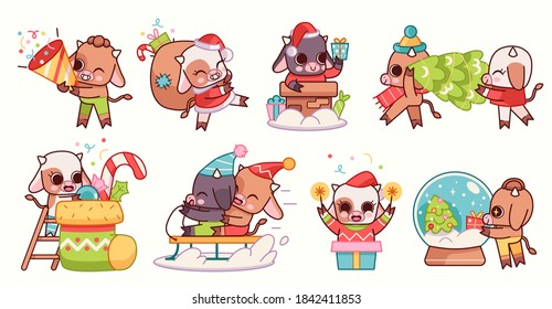 Vector illustration with cartoon bull - symbol of the Chinese new year 2021. Bull Stickers with Christmas attributes. Can be used as holiday card design elements. Vector