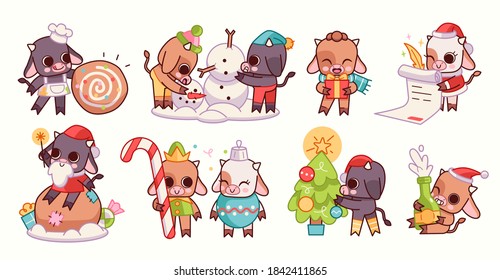 Vector illustration with cartoon bull - symbol of the Chinese new year 2021. Bull Stickers with Christmas attributes. Can be used as holiday card design elements. Vector