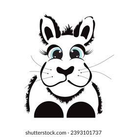 Vector illustration of cartoon bunny with blue eyes on white background. Symbol of pet animal.