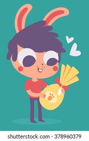 Vector illustration of a cartoon bunny boy holding an easter chocolate egg next to other floating hearts.