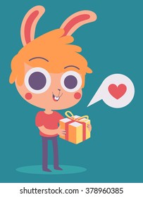 Vector illustration of a cartoon bunny boy holding a present next to a balloon with a heart inside.