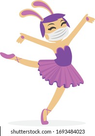 Vector illustration of a cartoon bunny dancing ballet, posing and wearing a disposable mask.